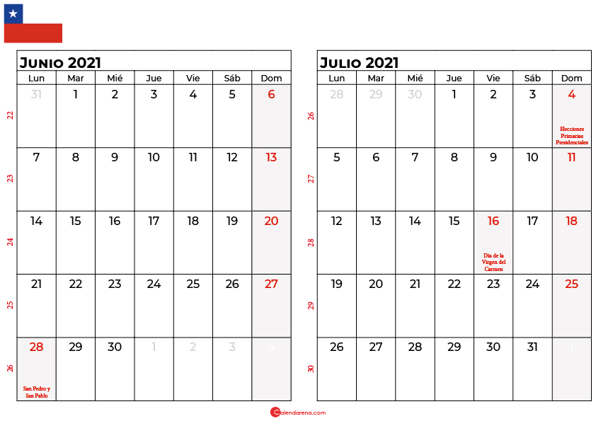 calendario junio y julio 2021 chilie