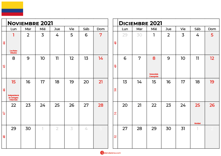 calendario noviembre diciembre 2021 colombia