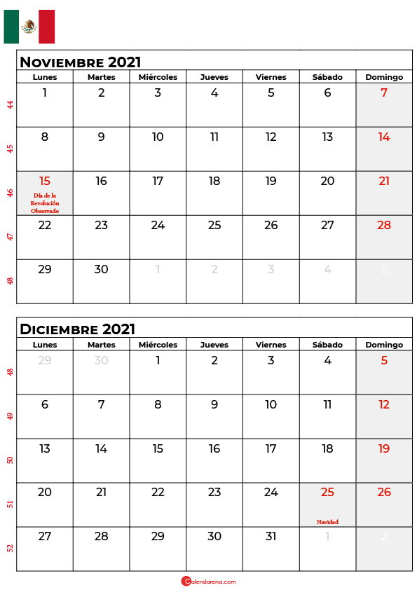 calendario noviembre diciembre 2021 mexico