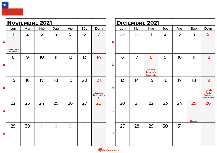 calendario noviembre y diciembre 2021 chilie