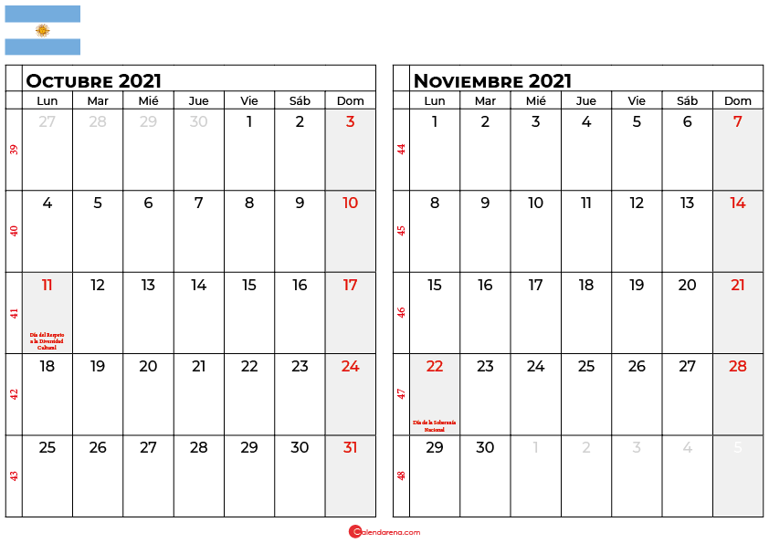 calendario octubre noviembre 2021 argentina