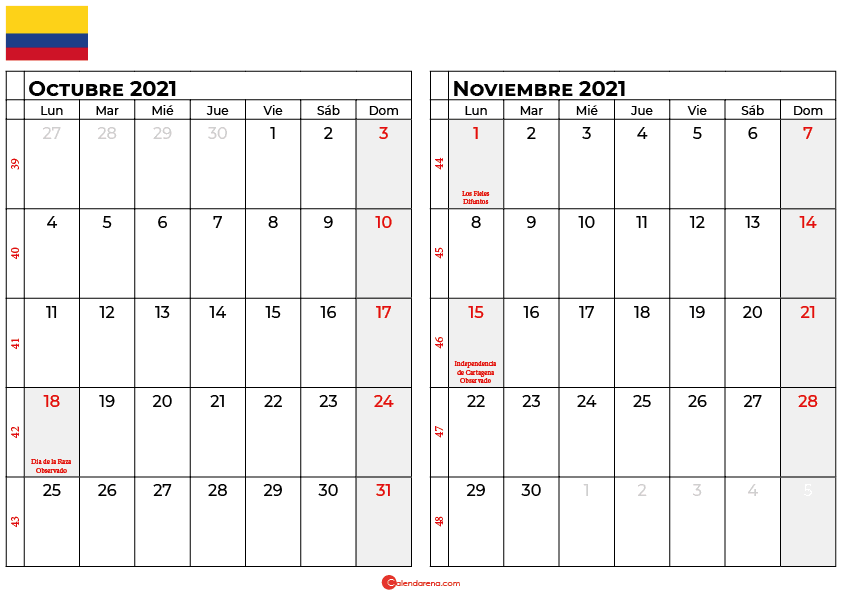 calendario octubre noviembre 2021 colombia