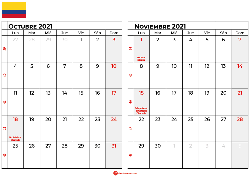 Calendario Octubre 2021 Colombia Para Imprimir