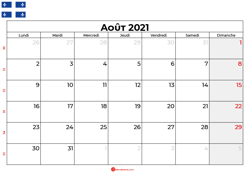 calendrier aout 2021 Quebec