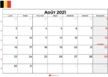 calendrier aout 2021 belgique