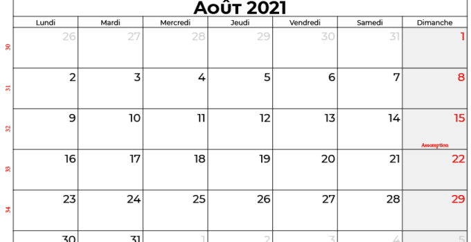 calendrier aout 2021 france