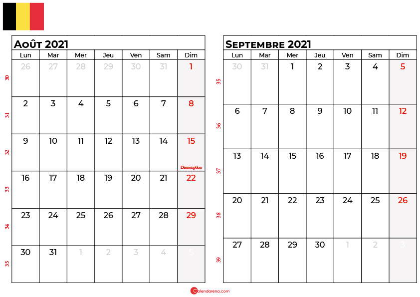 calendrier aout septembre 2021 belgique