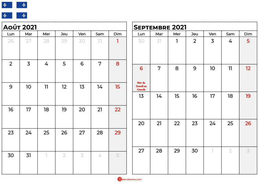 calendrier aout septembre 2021 quebec