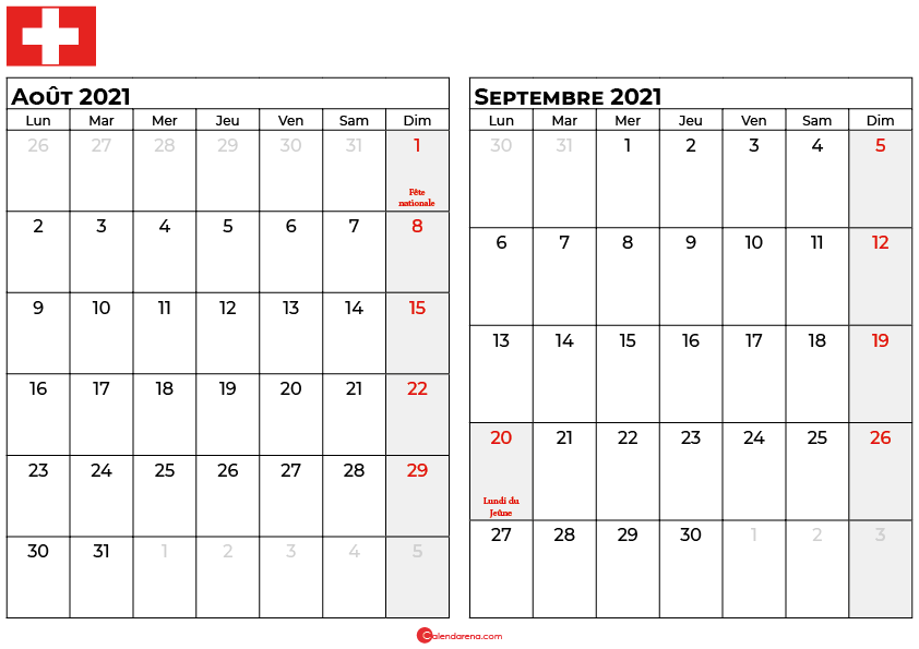 calendrier aout septembre 2021 suisse