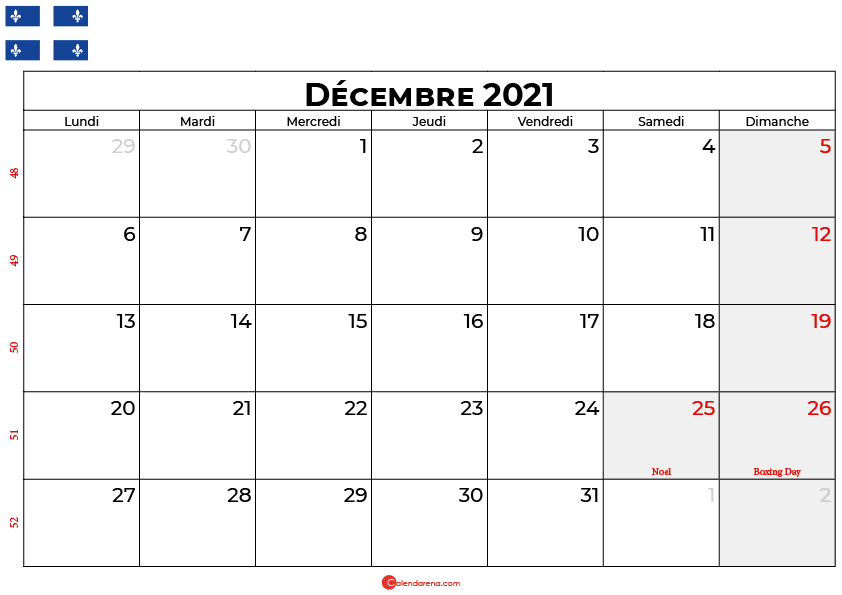 calendrier décembre 2021 Quebec