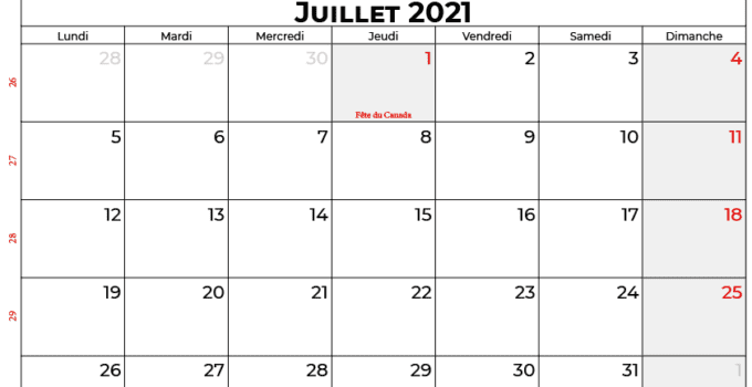 calendrier juillet 2021 Quebec