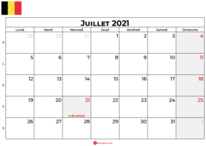 Télécharger Calendrier Juillet 2021 Belgique