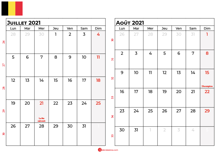 calendrier juillet aout 2021 belgique