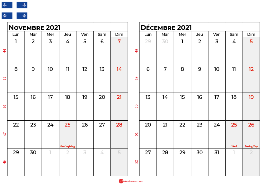 calendrier novembre decembre 2021 quebec