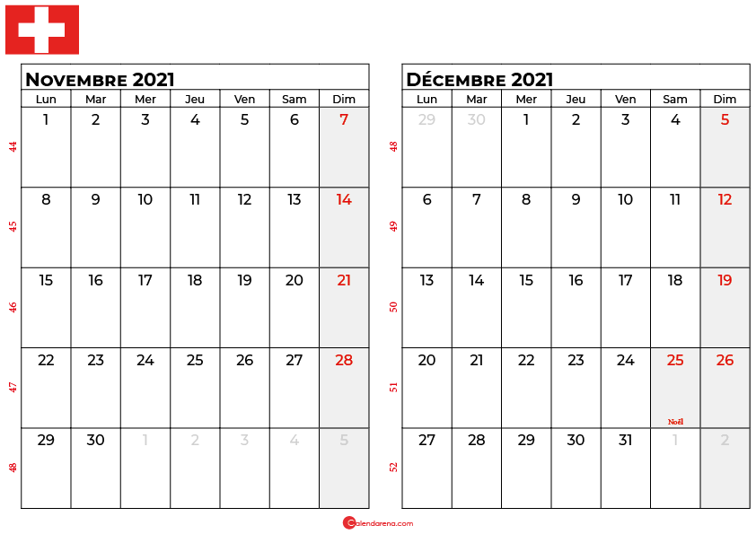 calendrier novembre décembre 2021 suisse