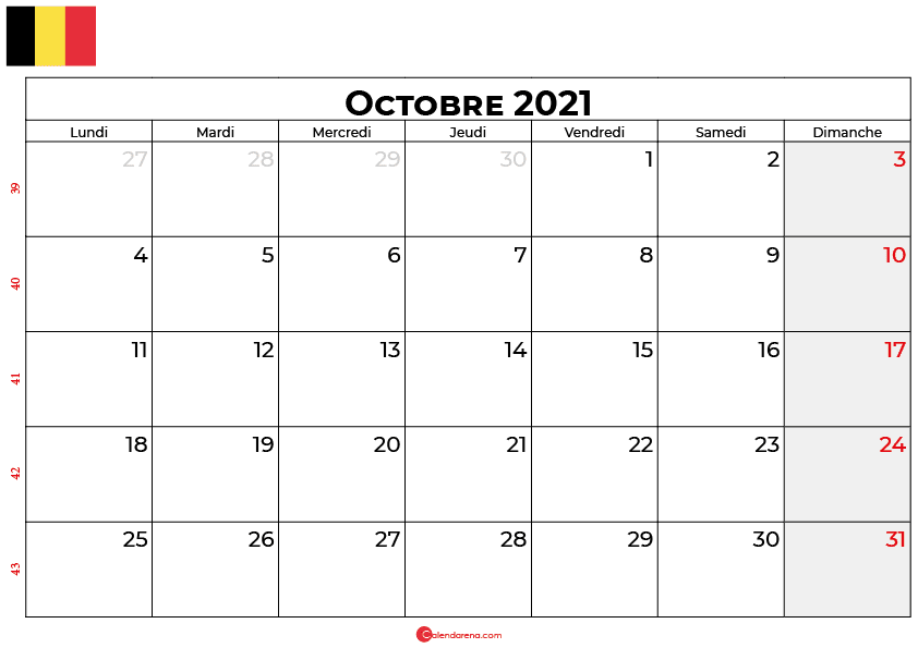 calendrier octobre 2021 belgique