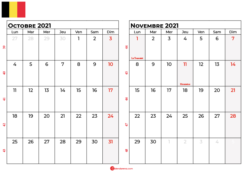 calendrier octobre novembre 2021 belgique