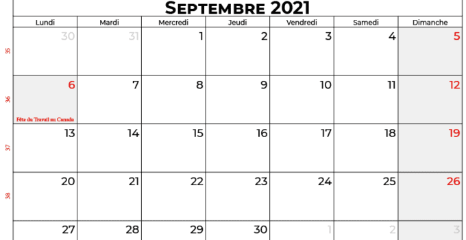 calendrier septembre 2021 Quebec