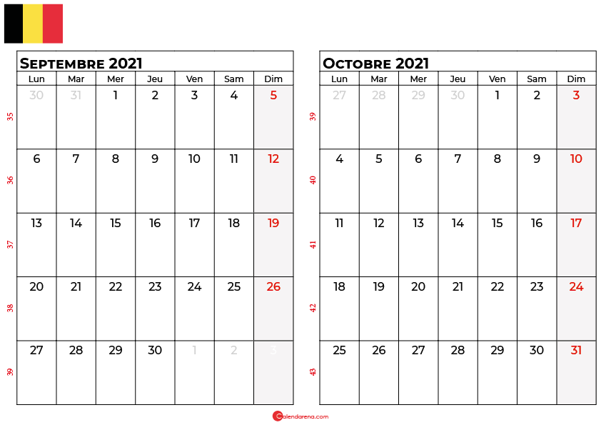 calendrier septembre octobre 2021 belgique