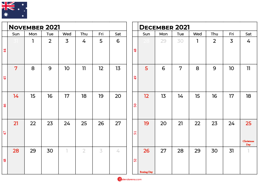 november and december 2021 calendar au