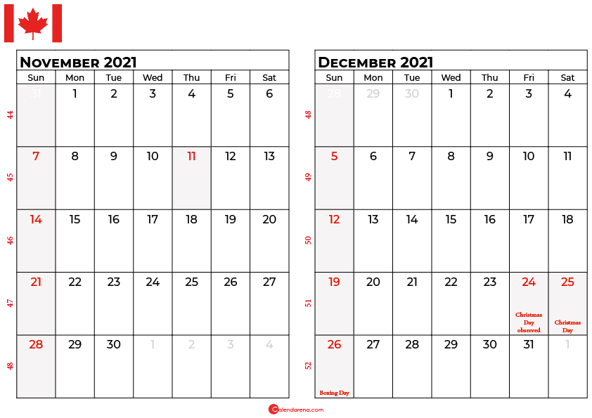 november and december 2021 calendar ca