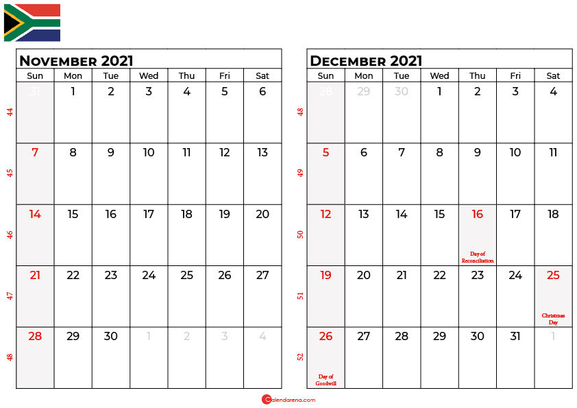 november and december 2021 calendar south africa