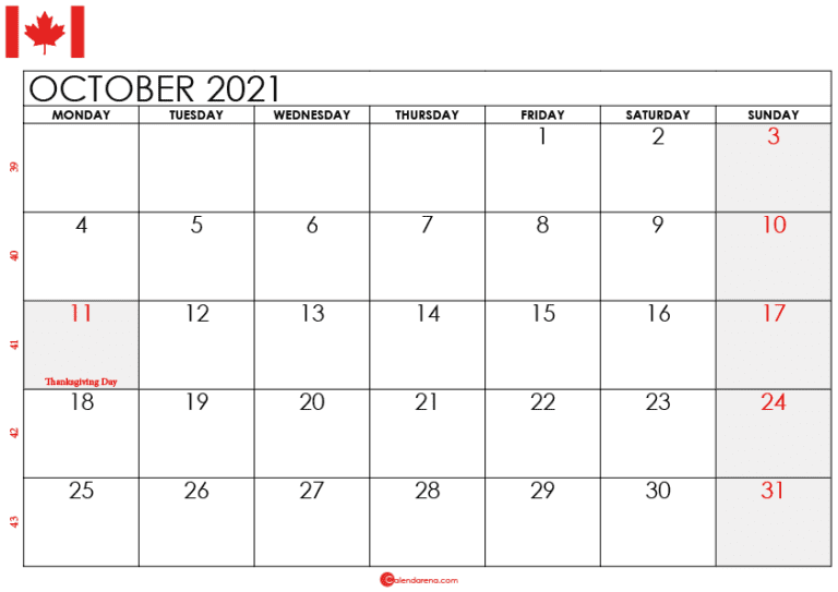Download Free October 2021 Calendar Canada