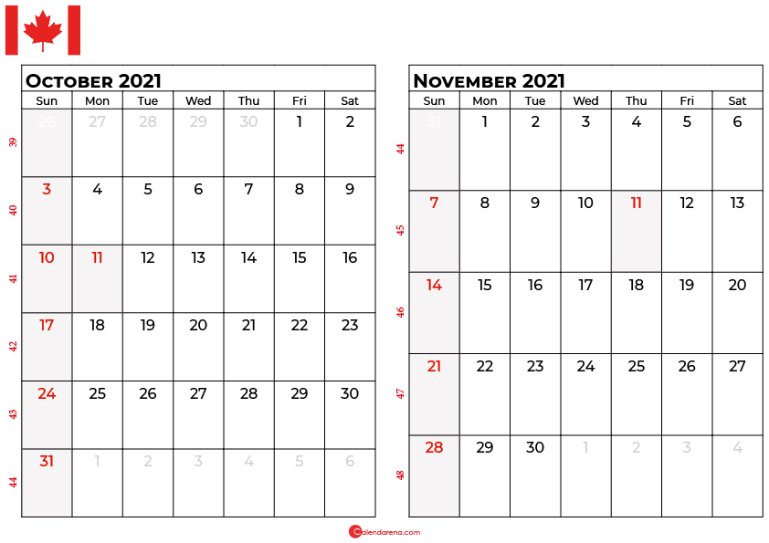 october and november 2021 calendar ca