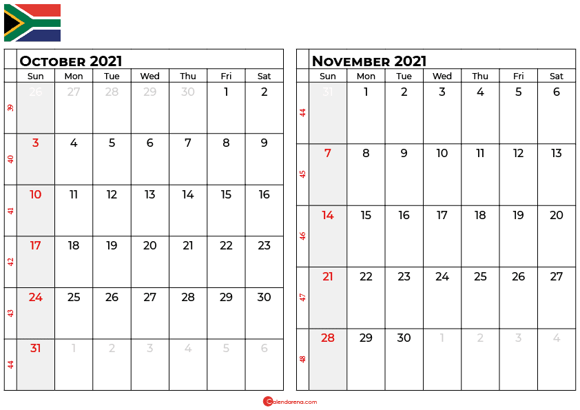 october and november 2021 calendar south africa