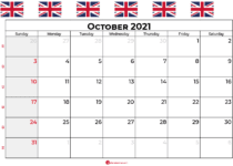 october calendar 2021 UK