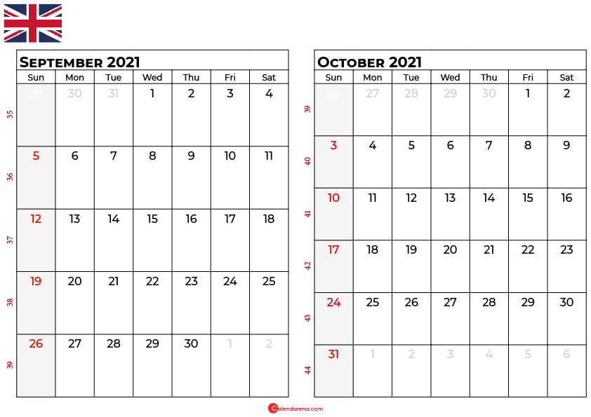 september october 2021 calendar UK
