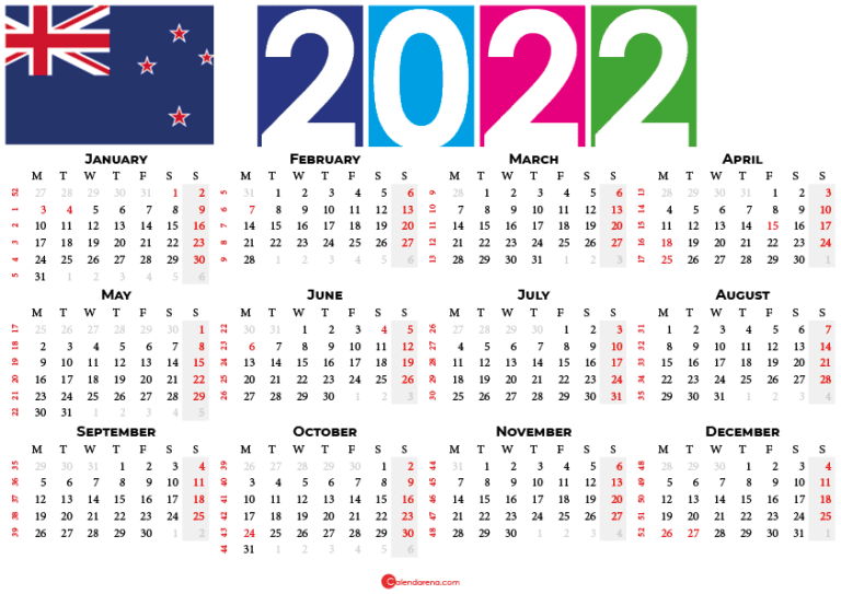 2022 Calendar New Zealand With Holidays And Weeks Numbers