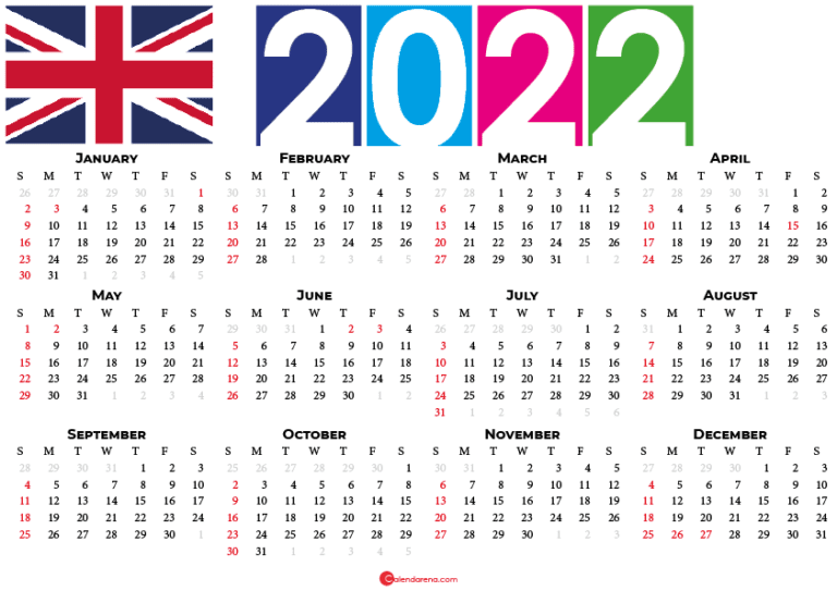 2022 Calendar Uk With Holidays And Weeks Numbers