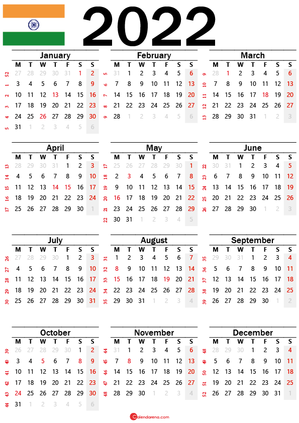 Download Free 2022 Calendar India With Indian Holidays