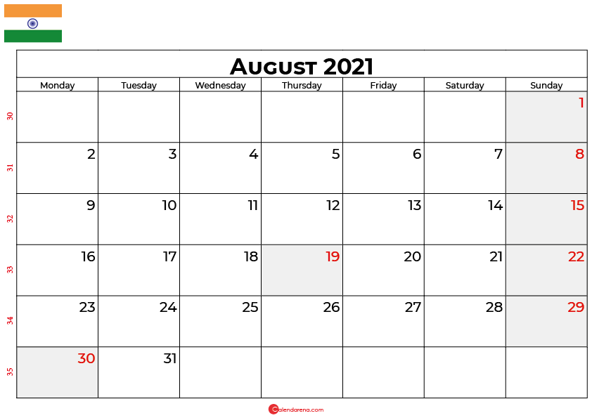 august 2021 calendar india