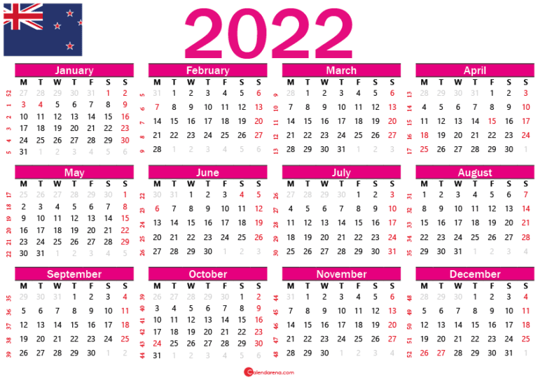 2022 Calendar New Zealand With Holidays And Weeks Numbers 3779