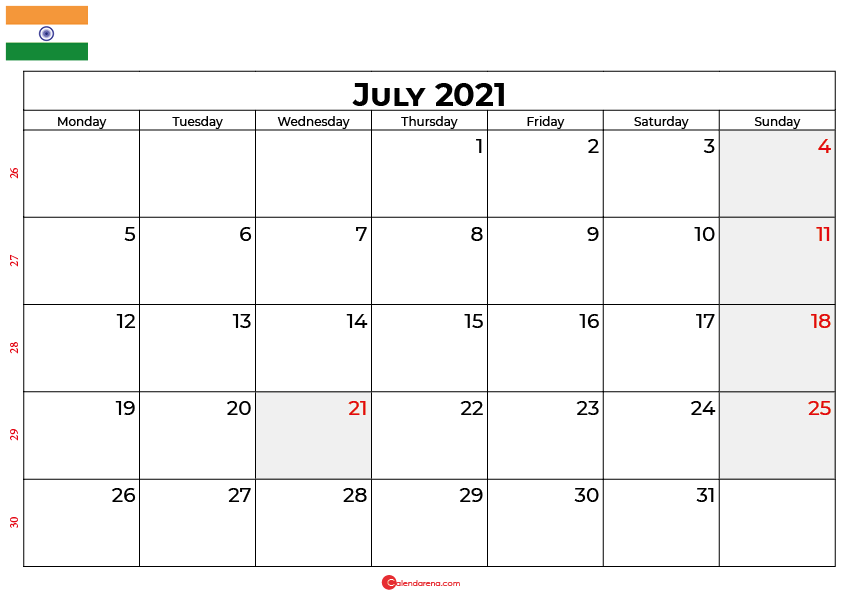 july 2021 calendar india