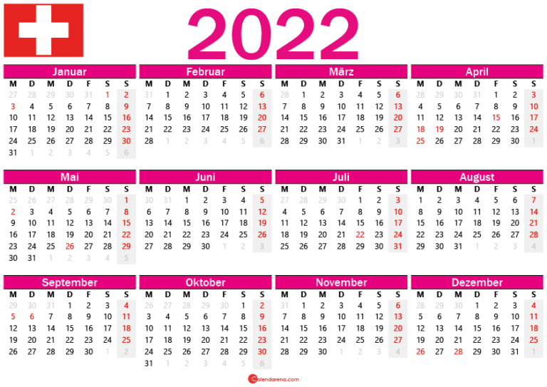 Kalender 2022 Zum Ausdrucken Für Schweiz