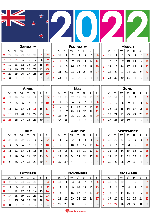 2022 Calendar New Zealand With Holidays And Weeks Numbers 1656