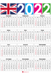 2022 calendar uk with holidays and weeks numbers