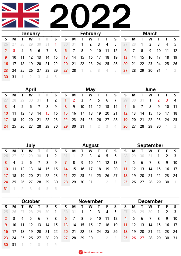 2022 Calendar Uk With Holidays And Weeks Numbers