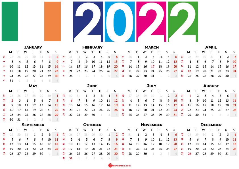 Irl 2022 Schedule 2022 Calendar Ireland With Holidays And Weeks Numbers