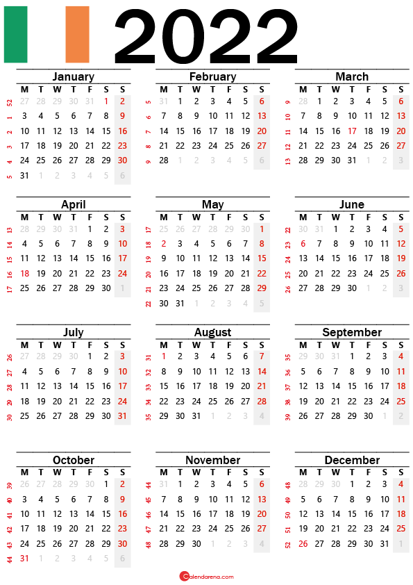 2022 printable calendar ireland