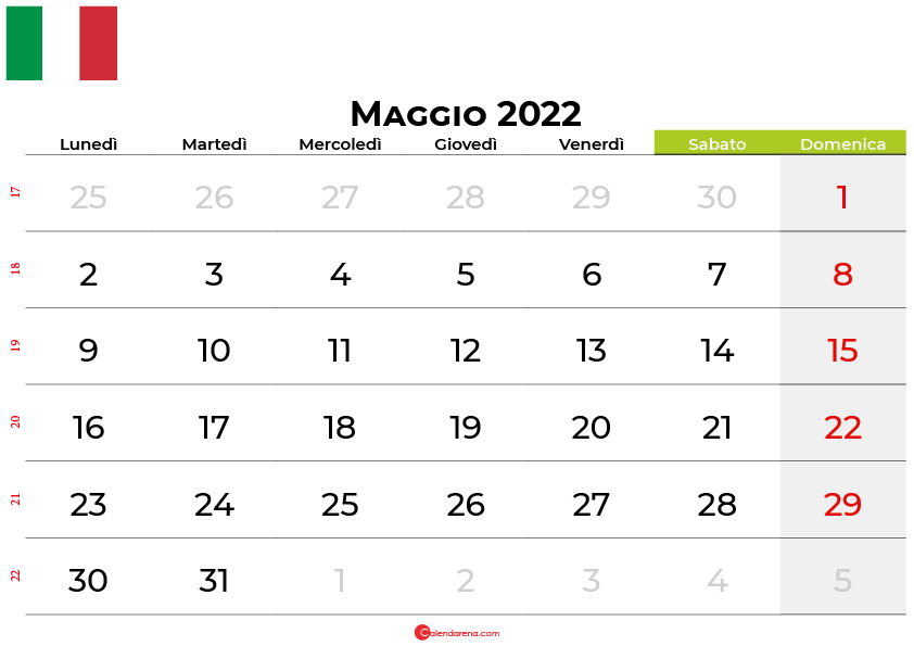 Calendario maggio 2022