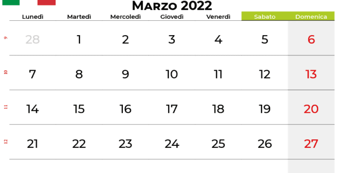 Calendario marzo 2022
