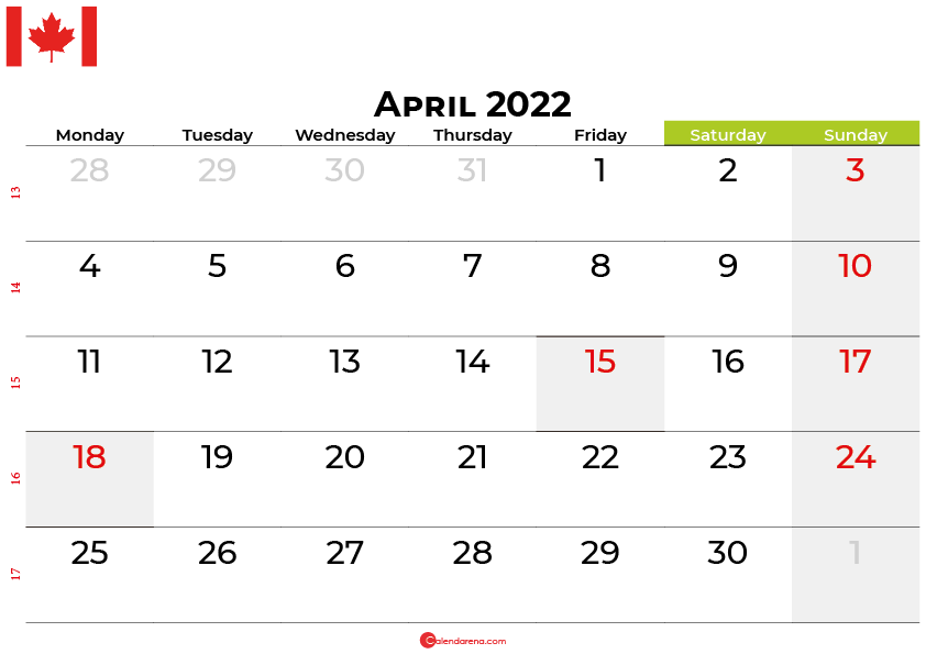 april 2022 calendar canada