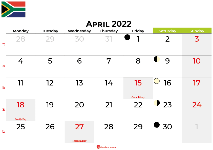 April Calendar South Africa