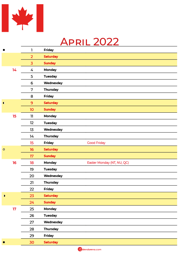 calendar april 2022 canada