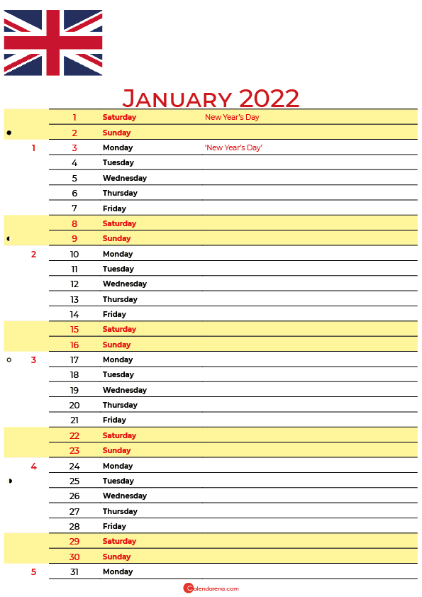 calendar january 2022 UK