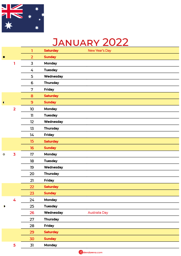 calendar january 2022 australia